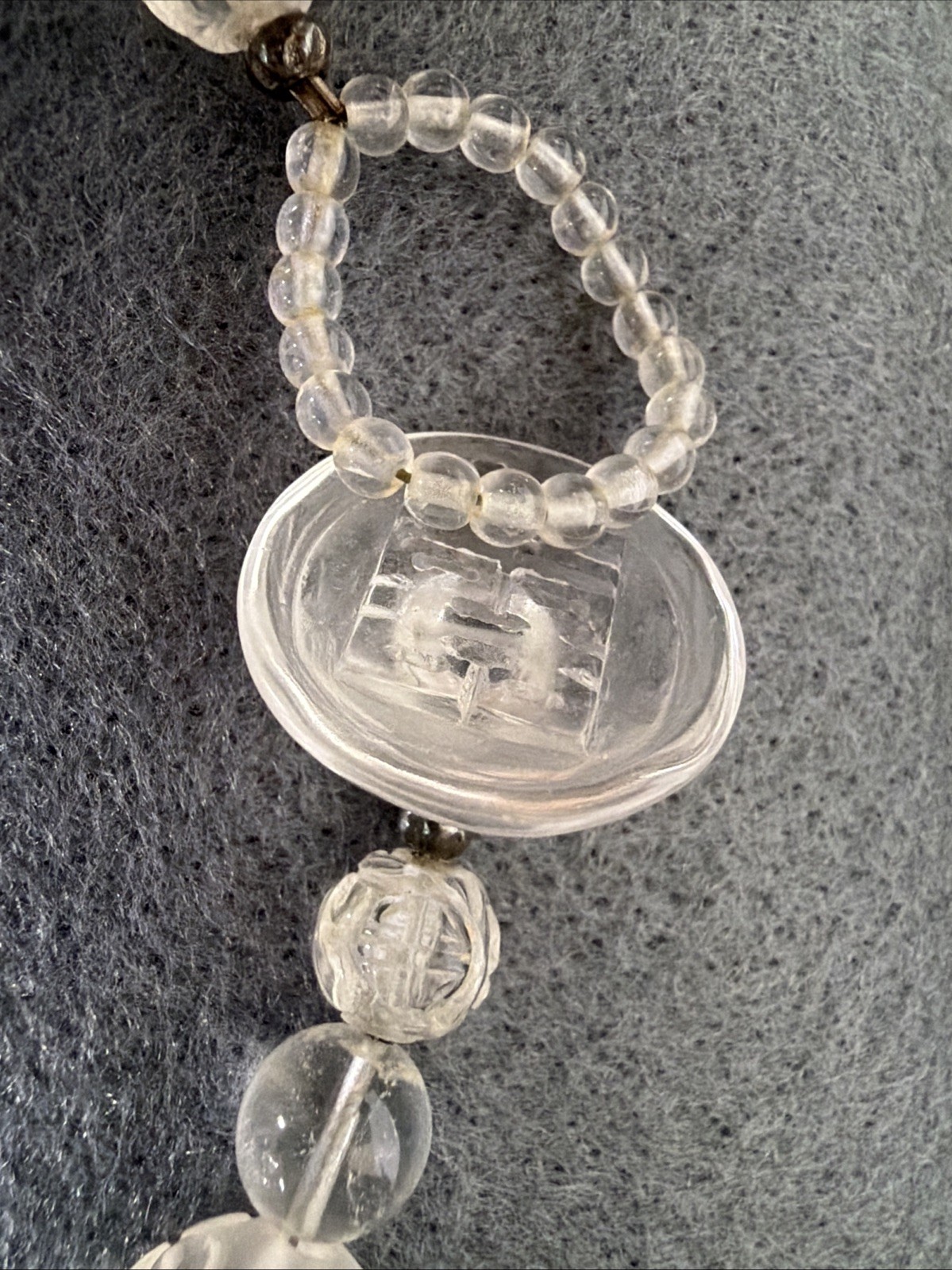 Handcrafted Necklace of Rock Crystal Quartz Beads with Chinese Long Life Symbols