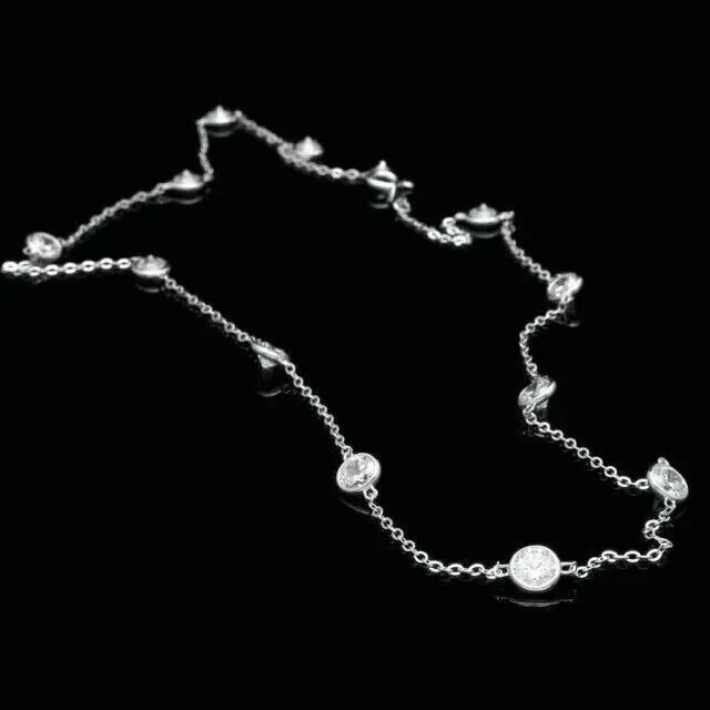 By Yard Station Necklace 3Ct VVS1 Diamond 14K White Gold Plated Bezel Chain 18″