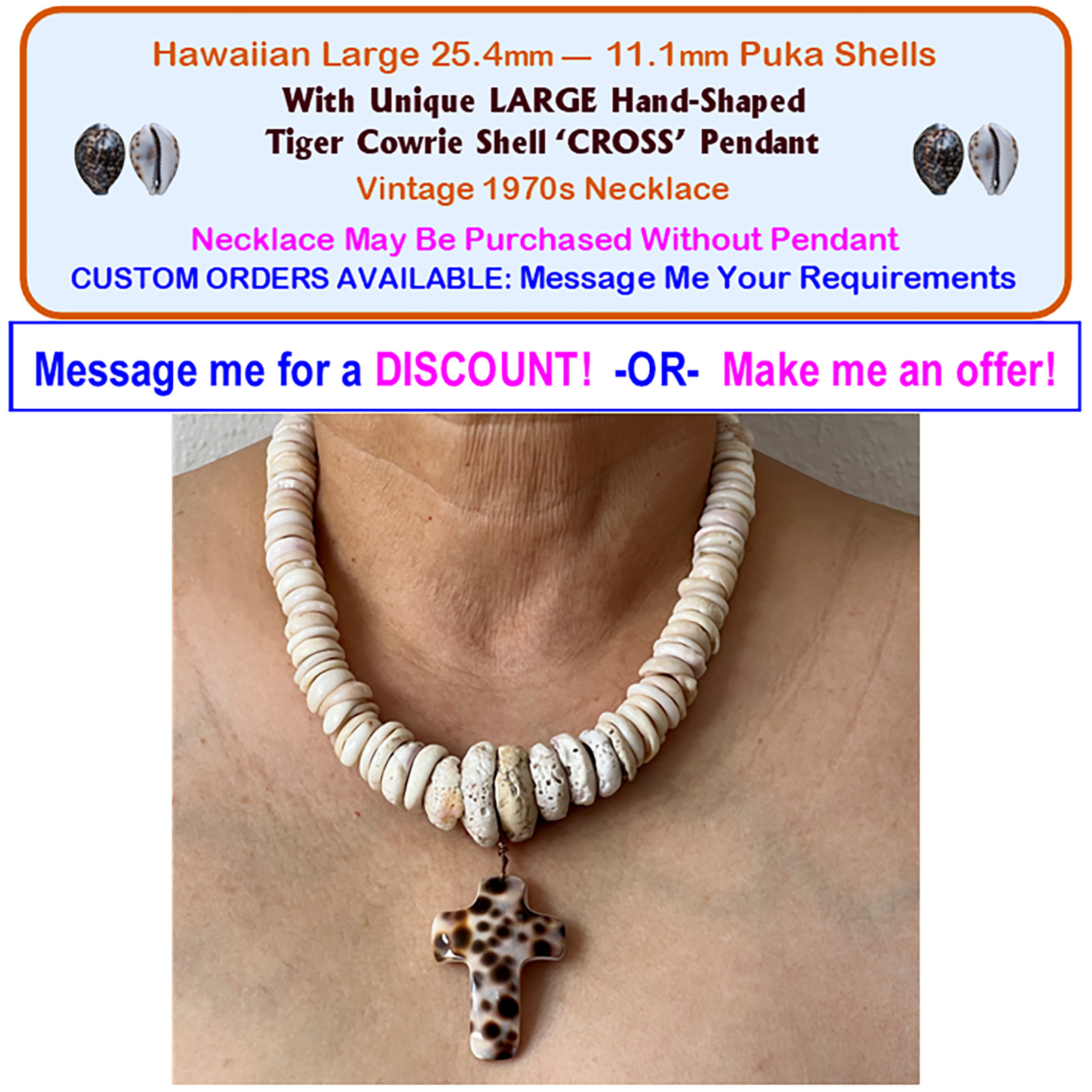 Puka Shell Necklace Vintage 70s w/Hand-Shaped Tiger Cowrie Shell Cross Pendant