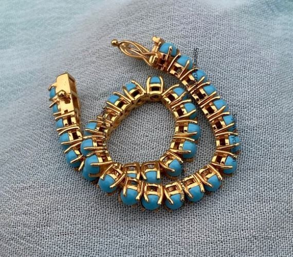 Sleeping Beauty Turquoise Round Cabochon Tennis Bracelet In 925 Silver
