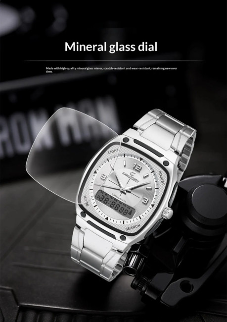 Men’s Alloy Square Watch Dual Display Quartz + Electronic Multi Functions 3Atm