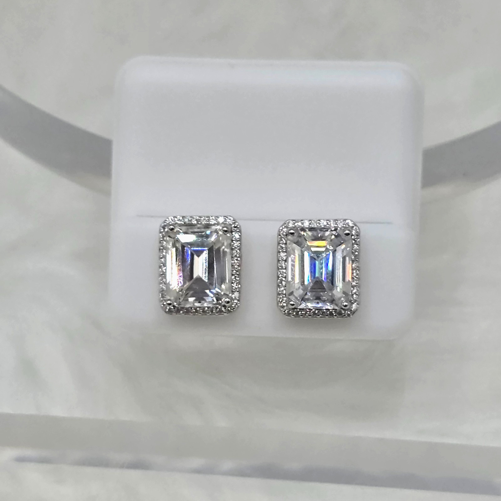 12mm, 8ct, Moissanite 925 Silver Stud Earrings, Rectangle with Halo, Unisex