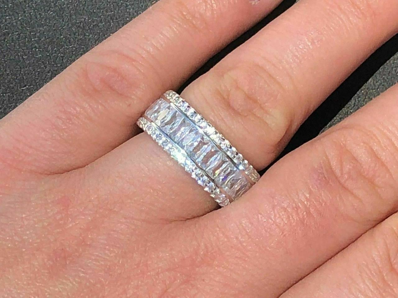 Anillo De PLATA 925 Maciza Con Diamantes Baguette Simulados Bañado en Oro 14K