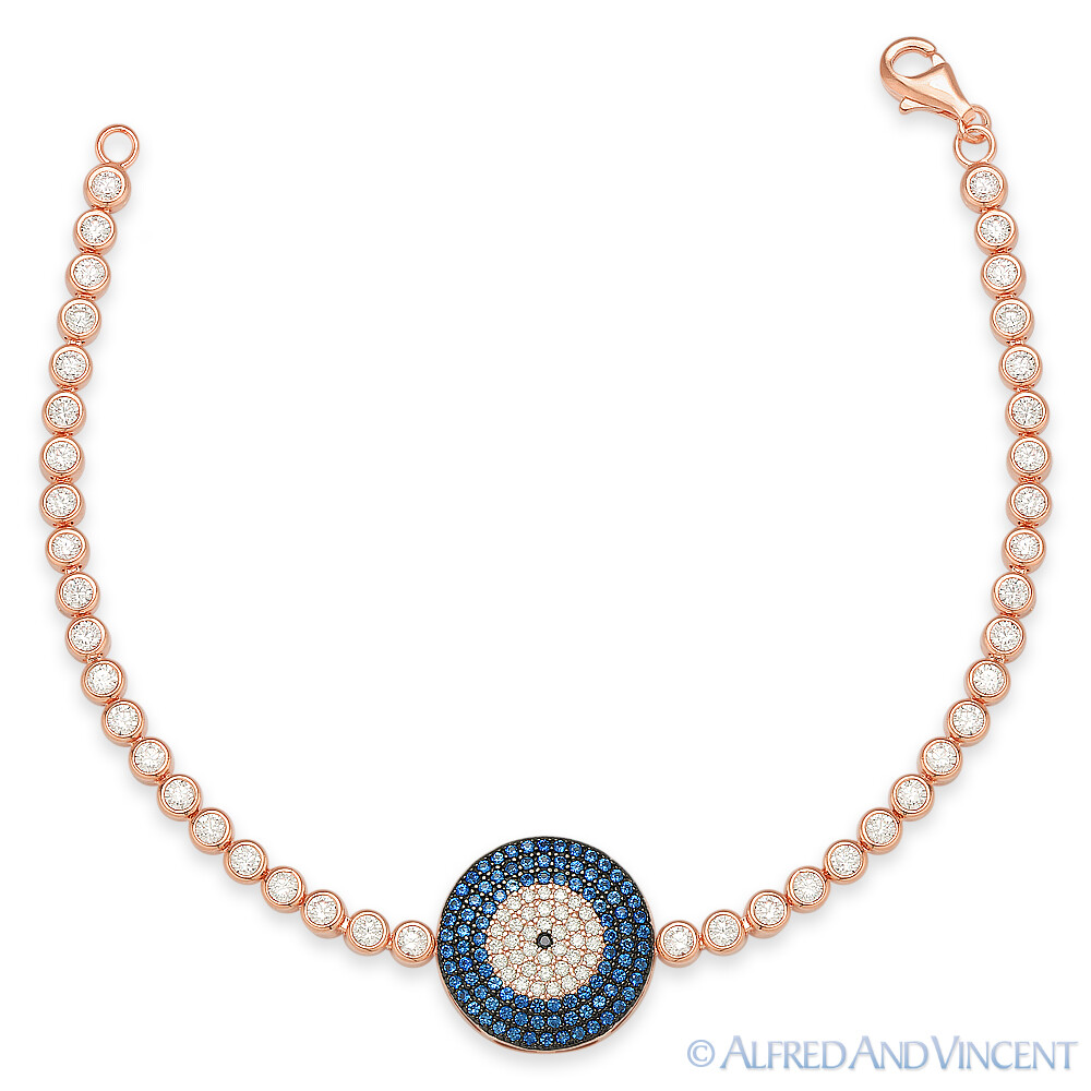Evil Eye Charm Turkish Nazar Greek Mati .925 Sterling Silver CZ Crystal Bracelet