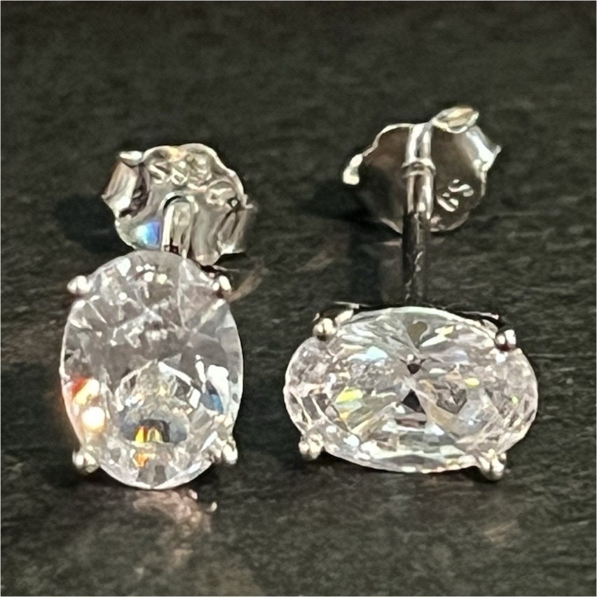 Oval White CZ Stud Earrings, Silver 925 Prong Set, Butterfly Back