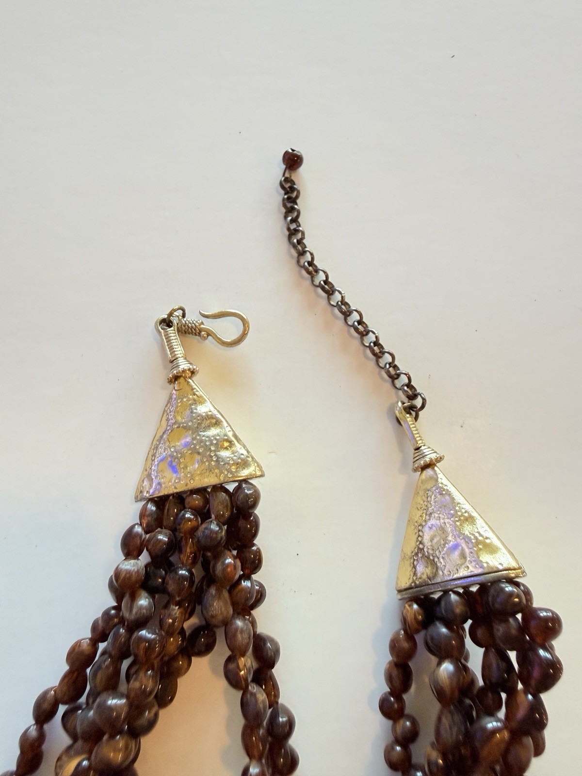 Brown Wood Beaded Multi-Strand Statement Necklace Gold Tone Round Charm Hook