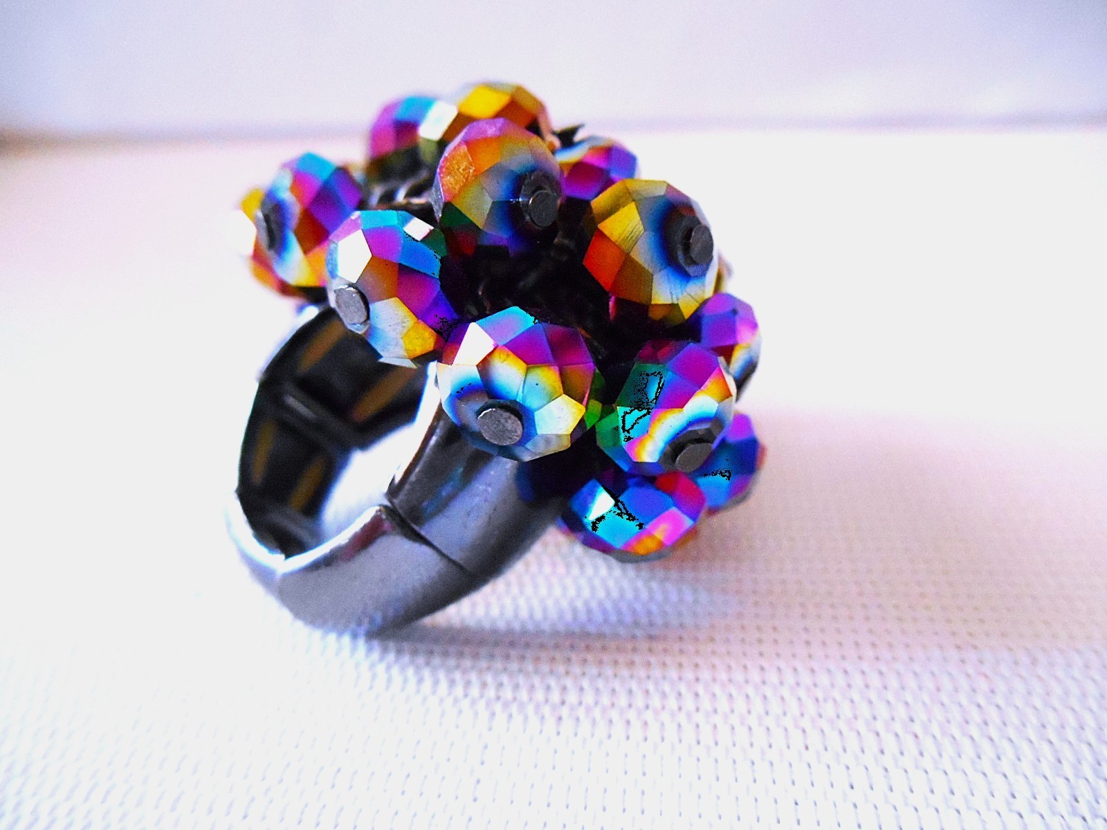 Black Multi-color Iridescent Beaded Stretch Ring