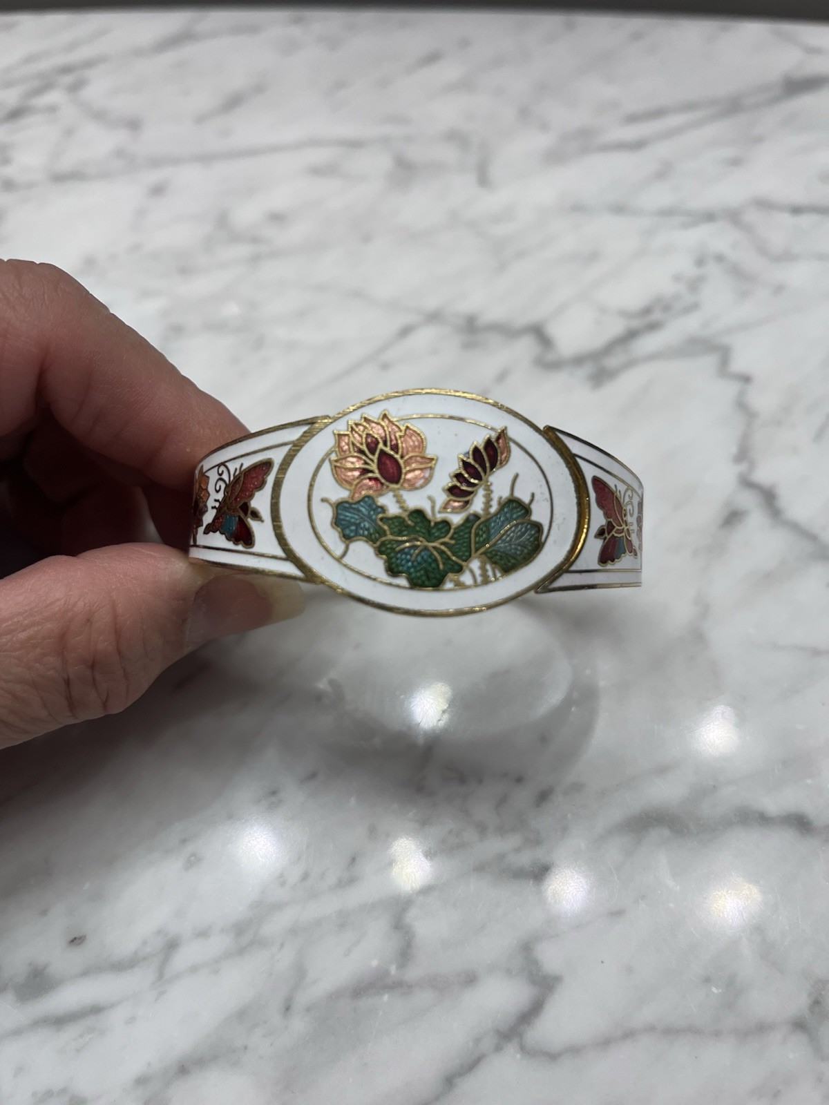 Vintage Butterfly Cloisonné Hinged Clamper Bracelet White Blue Floral 7.5”