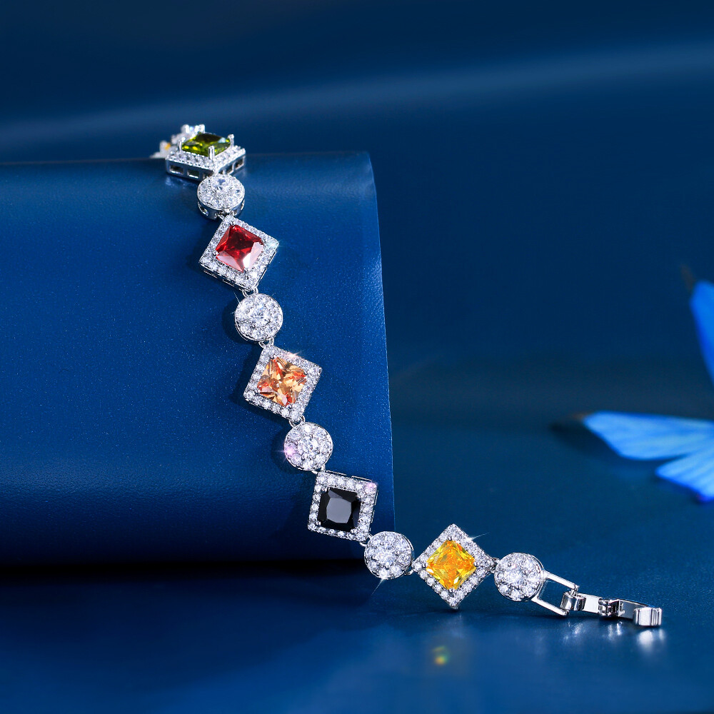 Trendy Silver Plated Multicolor Cubic Zirconia Rhombus Tennis Bracelet for Women