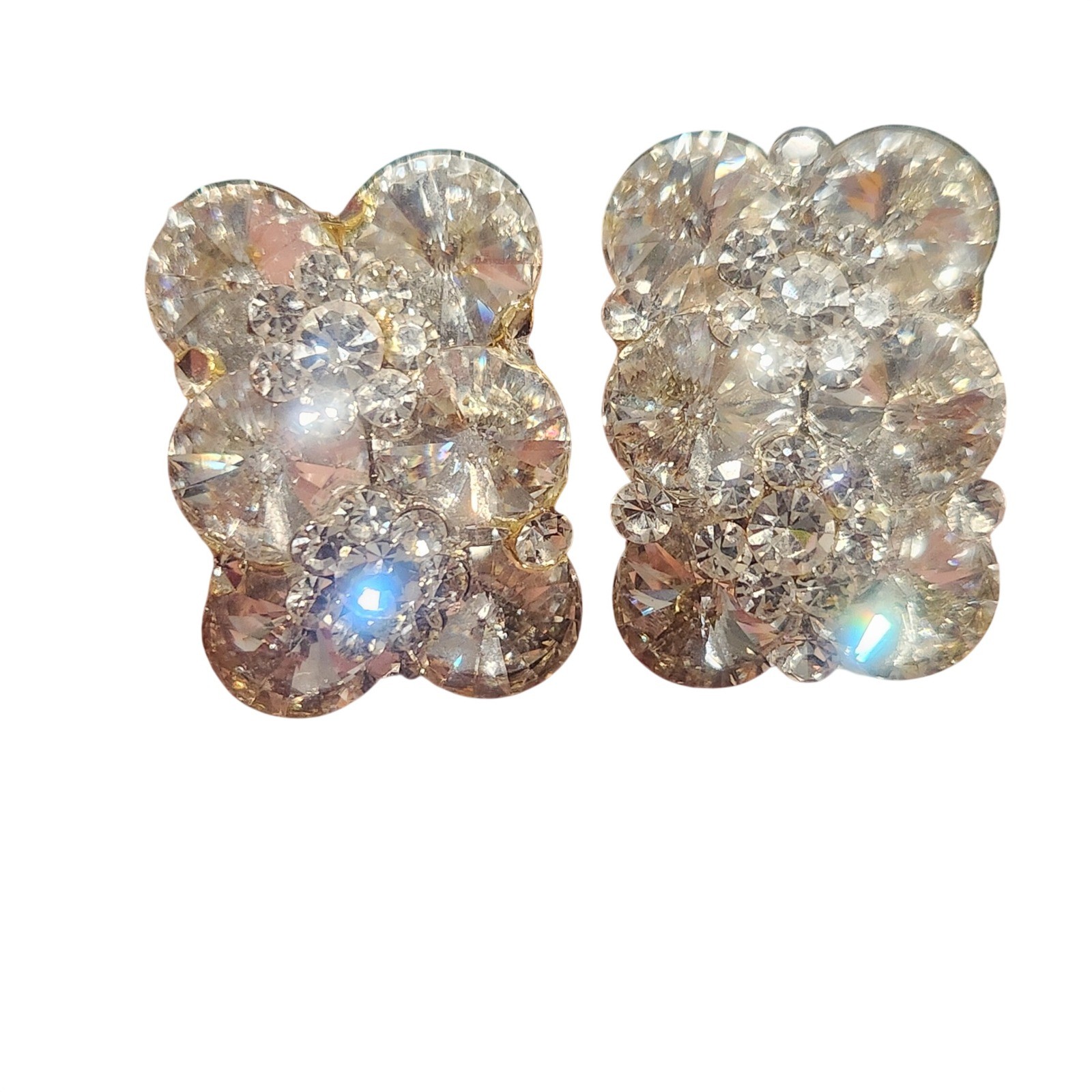 Vintage Clear Crystal Cluster Clip On Earrings Silver Tone Scalloped Statement