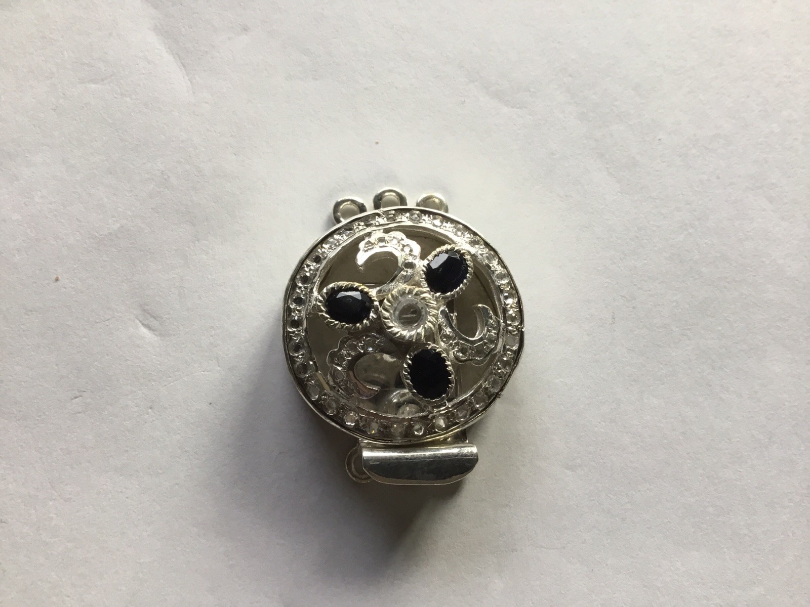 Silver plated brass ,box-tab Clasp for Jewelry w/dark blue sapphire & clear CZ
