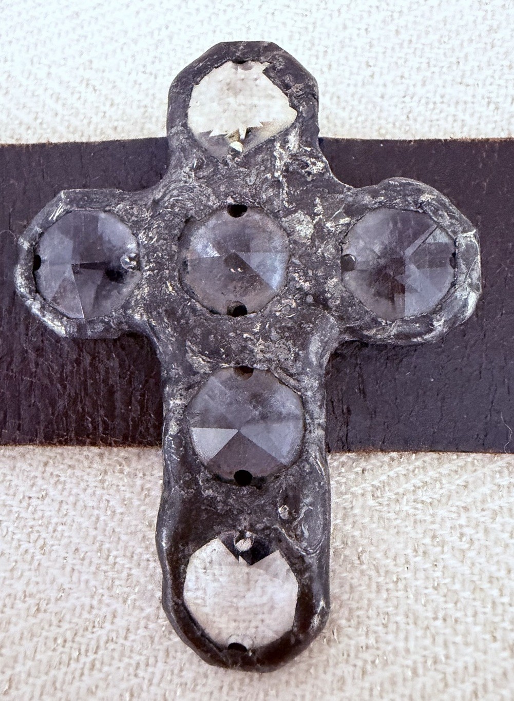 Jamie Dietrich Vintage Dark Leather & Crystal Cross Cuff Bracelet Limited – Rare