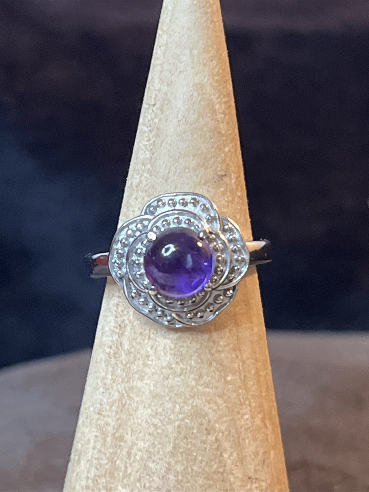African Amethyst Floral Pure Stainless Steel Ring Size 6