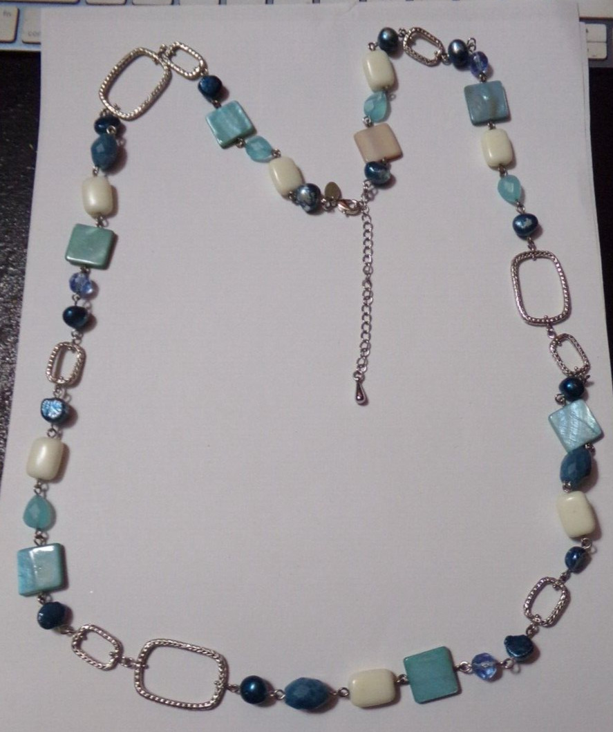 Vintage Blue, White & Silver Tone Shells & Beads 36″ Necklace – Lia Sophia