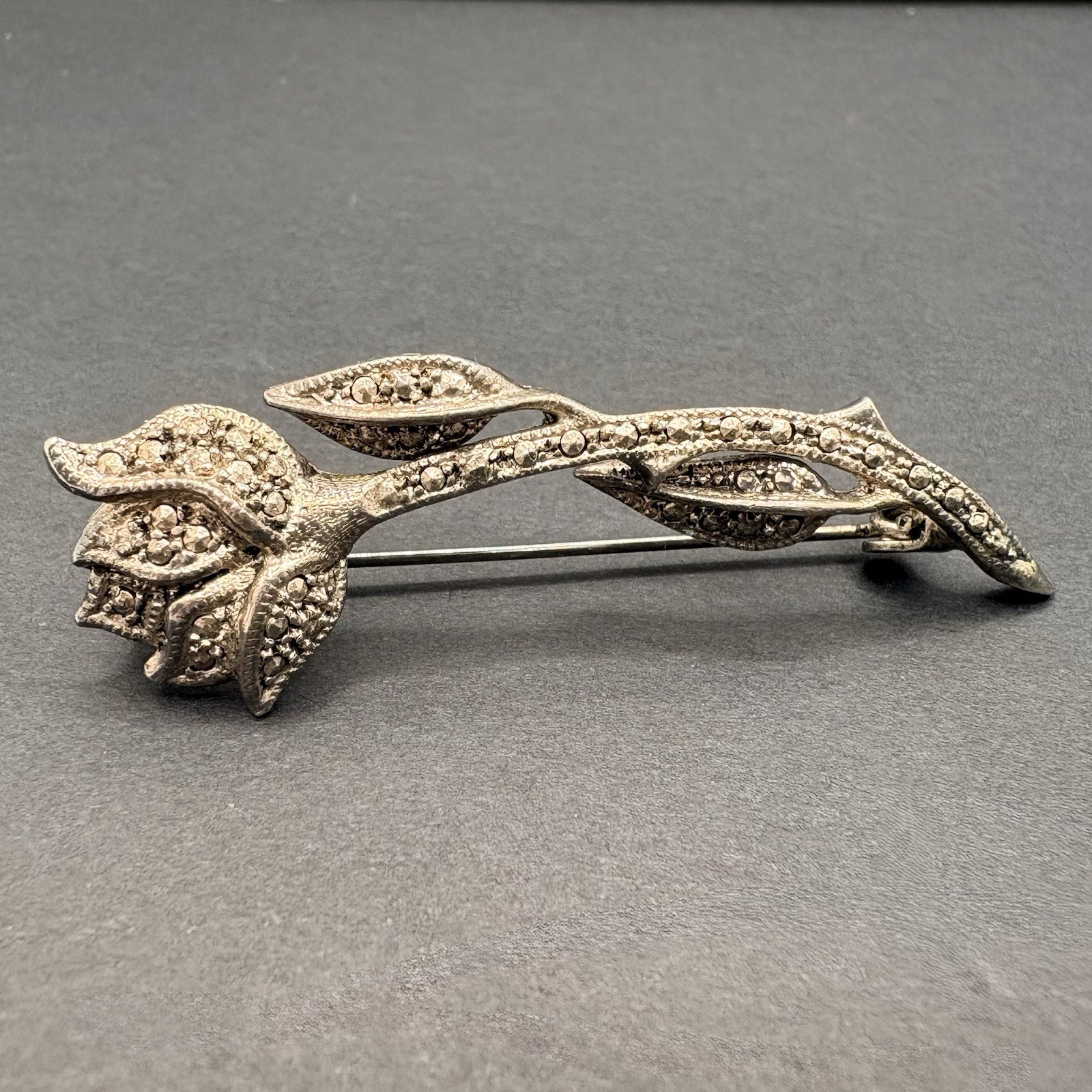 Vintage Long Stem Rose Flower Floral Marcasite Silver Tone Brooch 2″