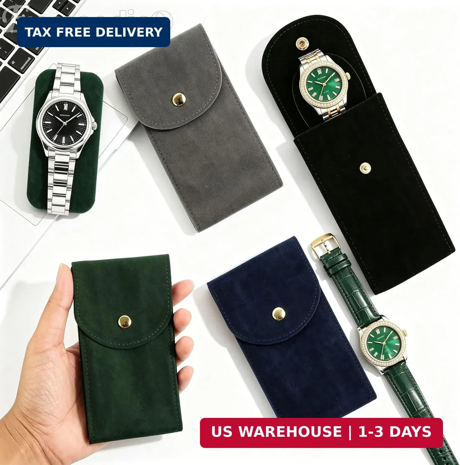 Framendino, 4 Pack Velvet Watch Pouch with Snap Button Single Portable Travel Ca