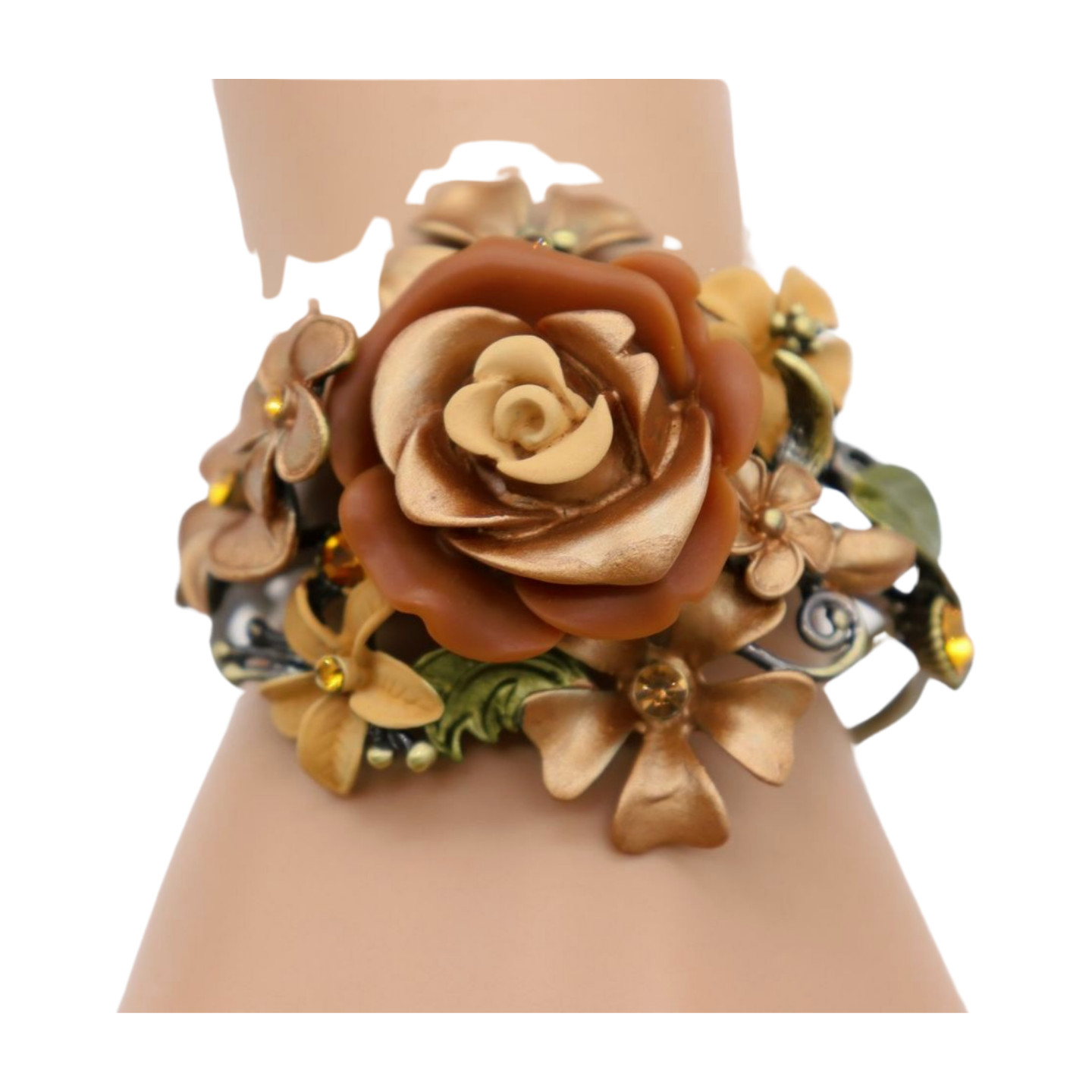 Women Antique Gold Metal Beige Brown Rose Flowers Cuff Bracelet Fashion Jewelry