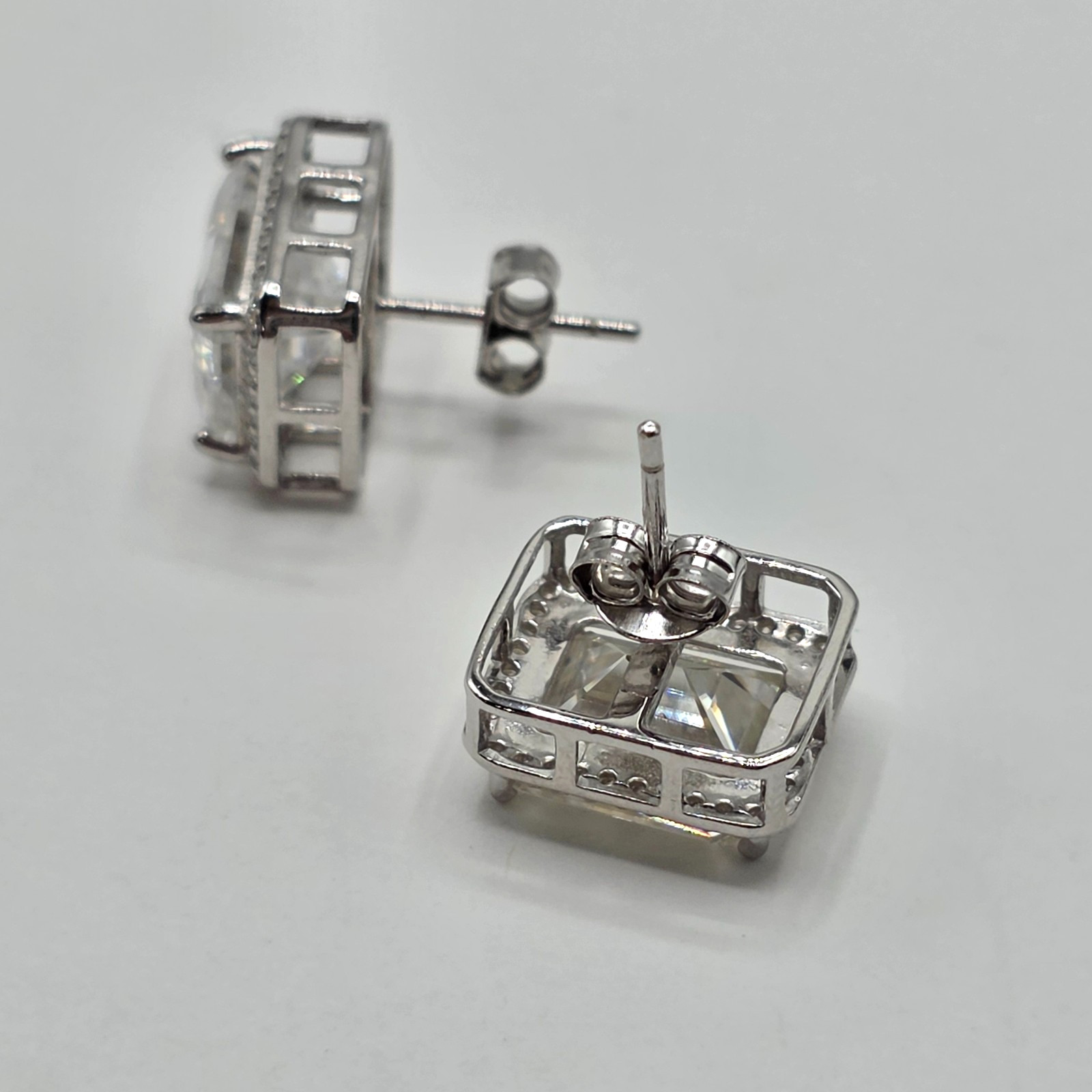 12mm, 8ct, Moissanite 925 Silver Stud Earrings, Rectangle with Halo, Unisex