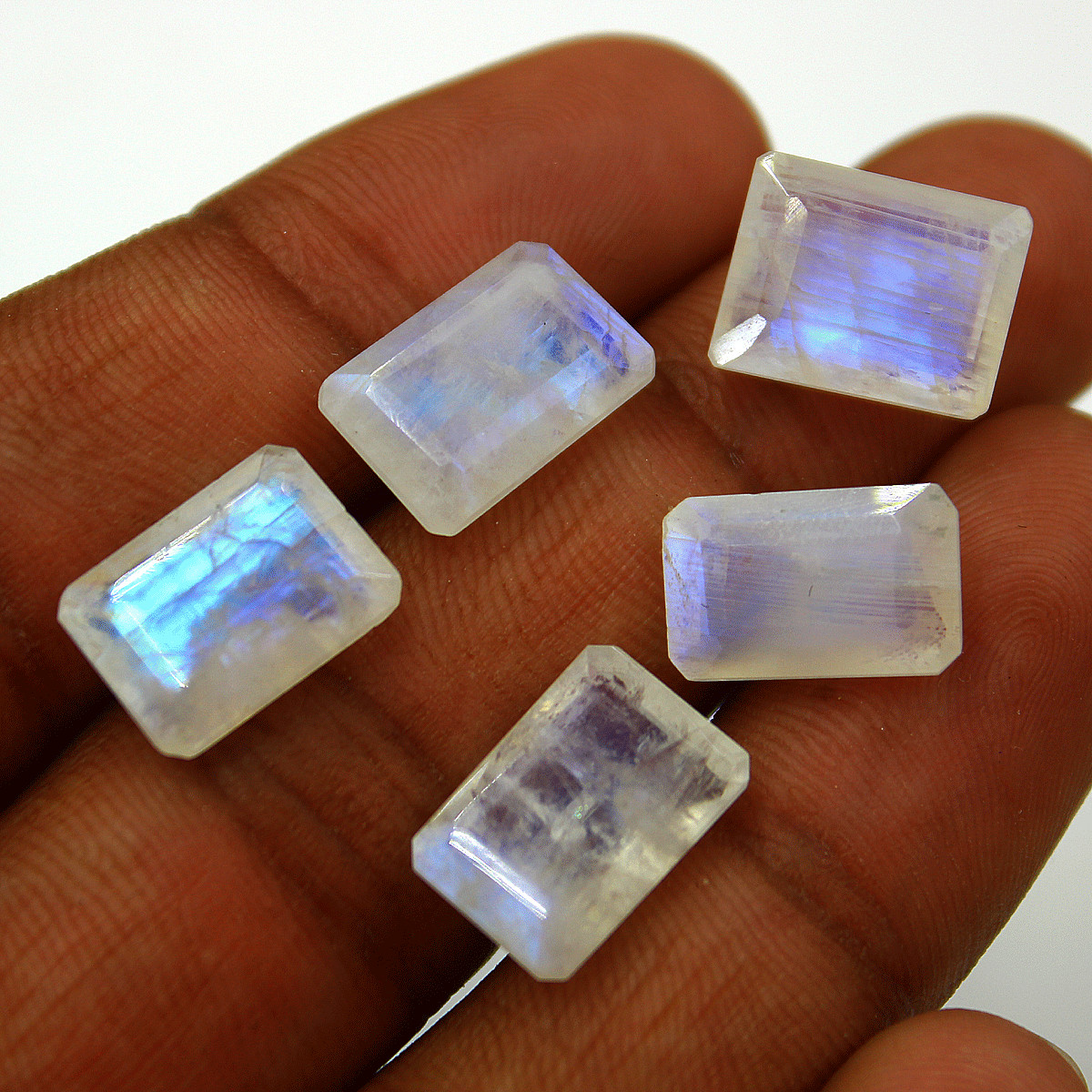 5 Pcs Natural Rainbow Moonstone Top Quality 13-13.7mm Baguette Cut Gemstones Lot