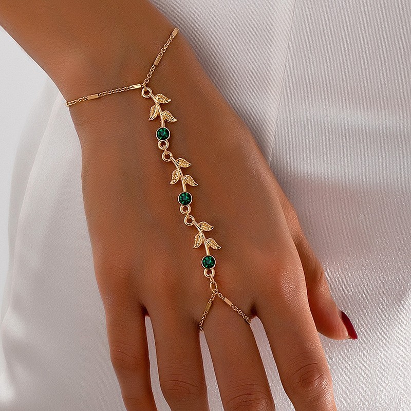 Green Rhinestone Leaf Hand Chain Ring Bracelet Imitation Pearl Zircon Jewelry