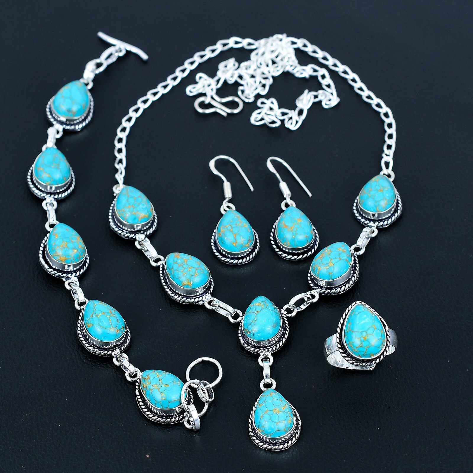 Copper Turquoise Gemstone Handmade 925 Silver Necklace + Bracelet Jewelry Set