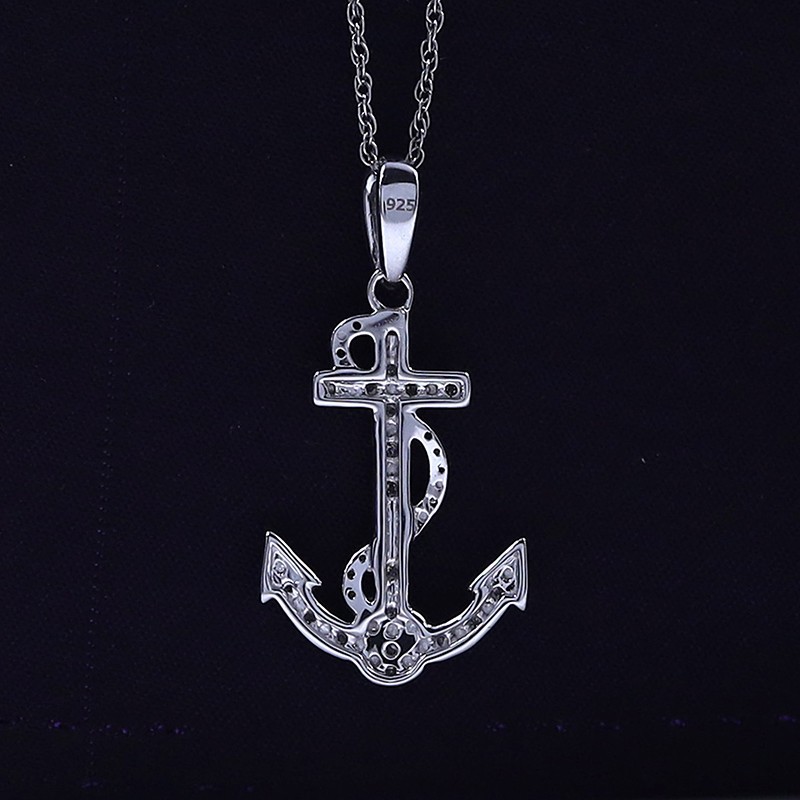 1/10ct Real Blue & White Diamond Anchor Pendant 18″ Necklace 925 Sterling Silver