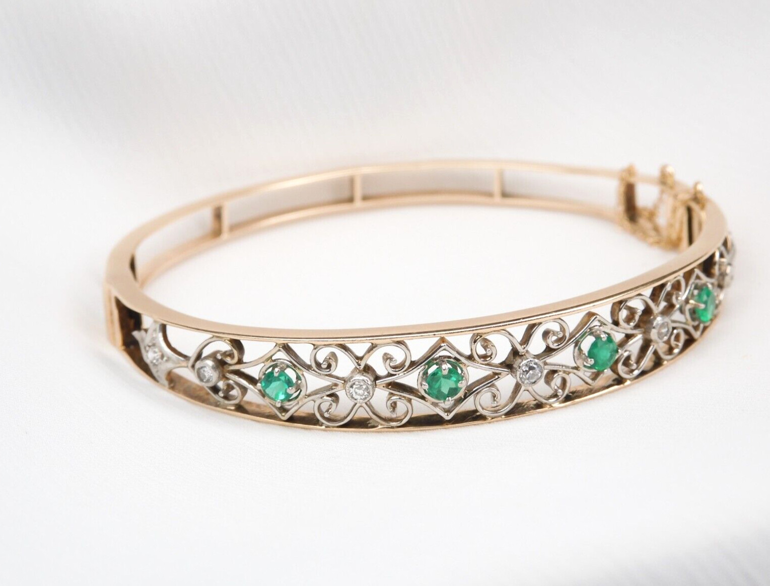 Antique Colombian Emerald & Diamond 1.03 CTW Bracelet 14K Gold Filigree Muzo Min
