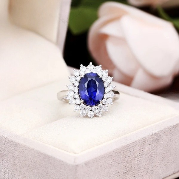 3.60 Ct Oval Natural Sapphire & Diamond Wedding Ring 14K White Gold Size 6