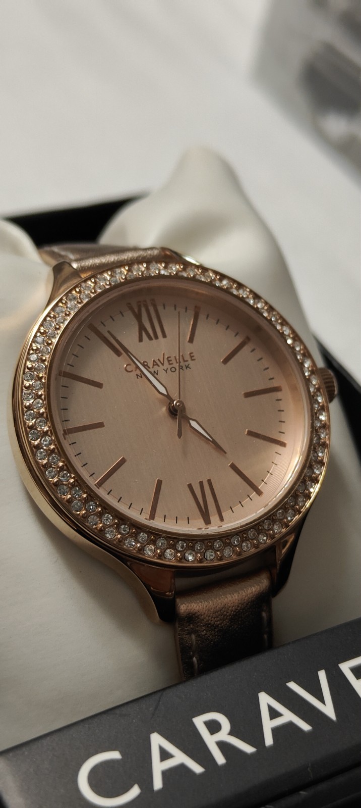 Caravelle New York 44L132 Women’s Analog 37mm Round Rose Gold Tone Crystal Watch