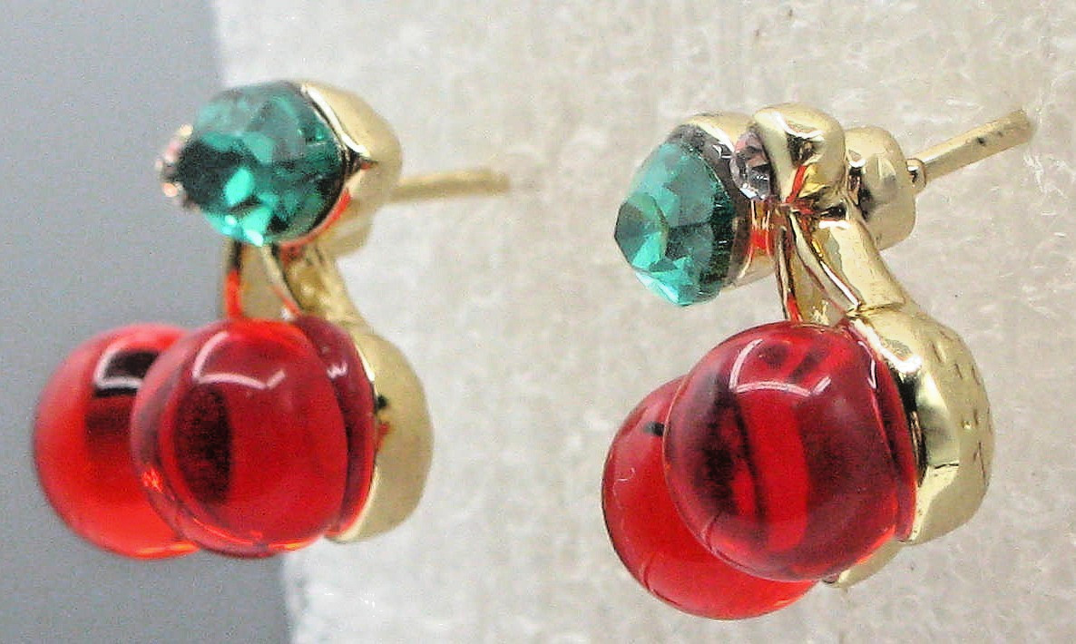 Red Cherry Stud Earrings Green Leaf Gold Tone – Dainty Fruit Studs S925 Post