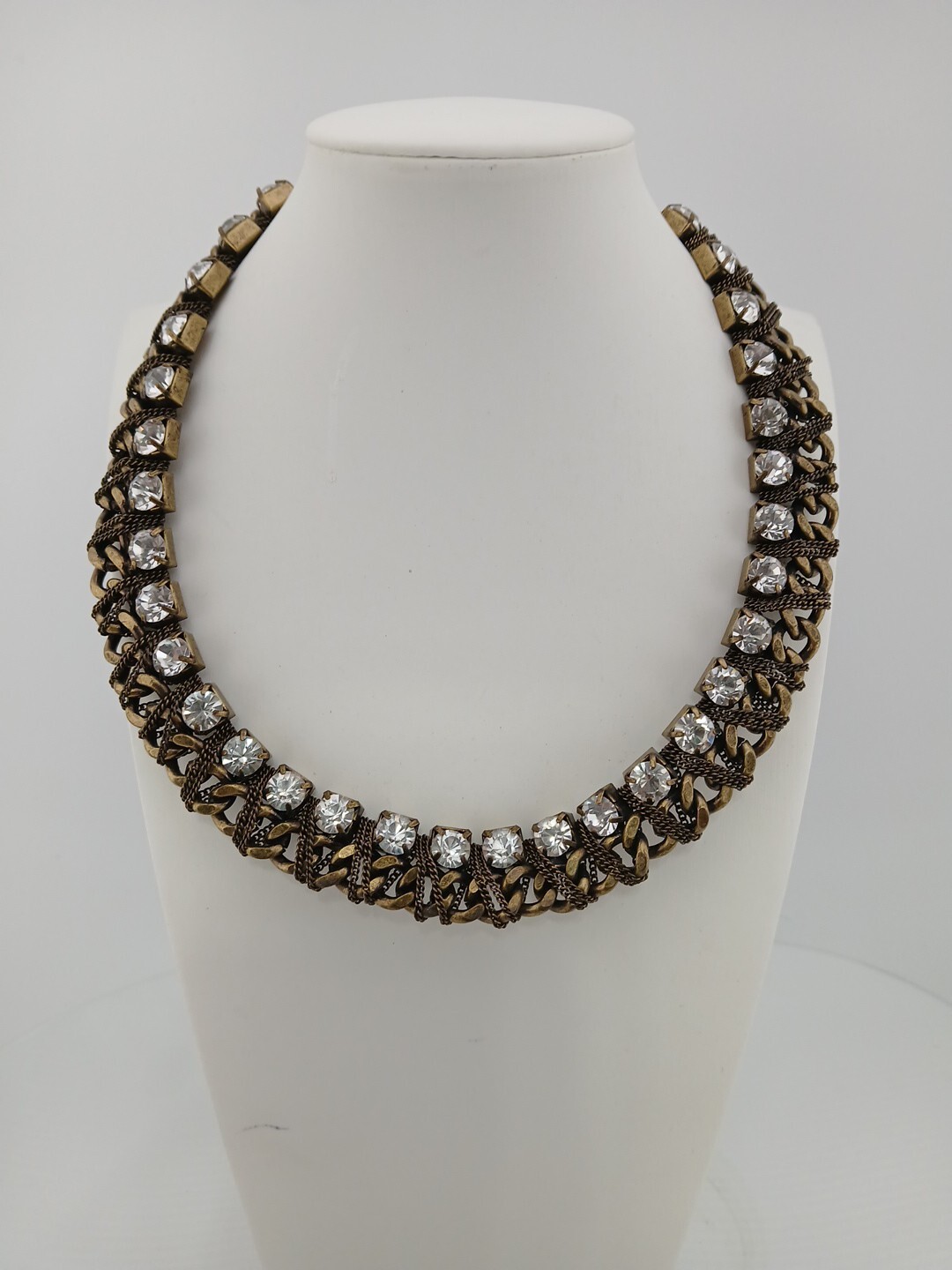 LYDELL NYC bronze tone entwined chains clear rhinestones statement necklace