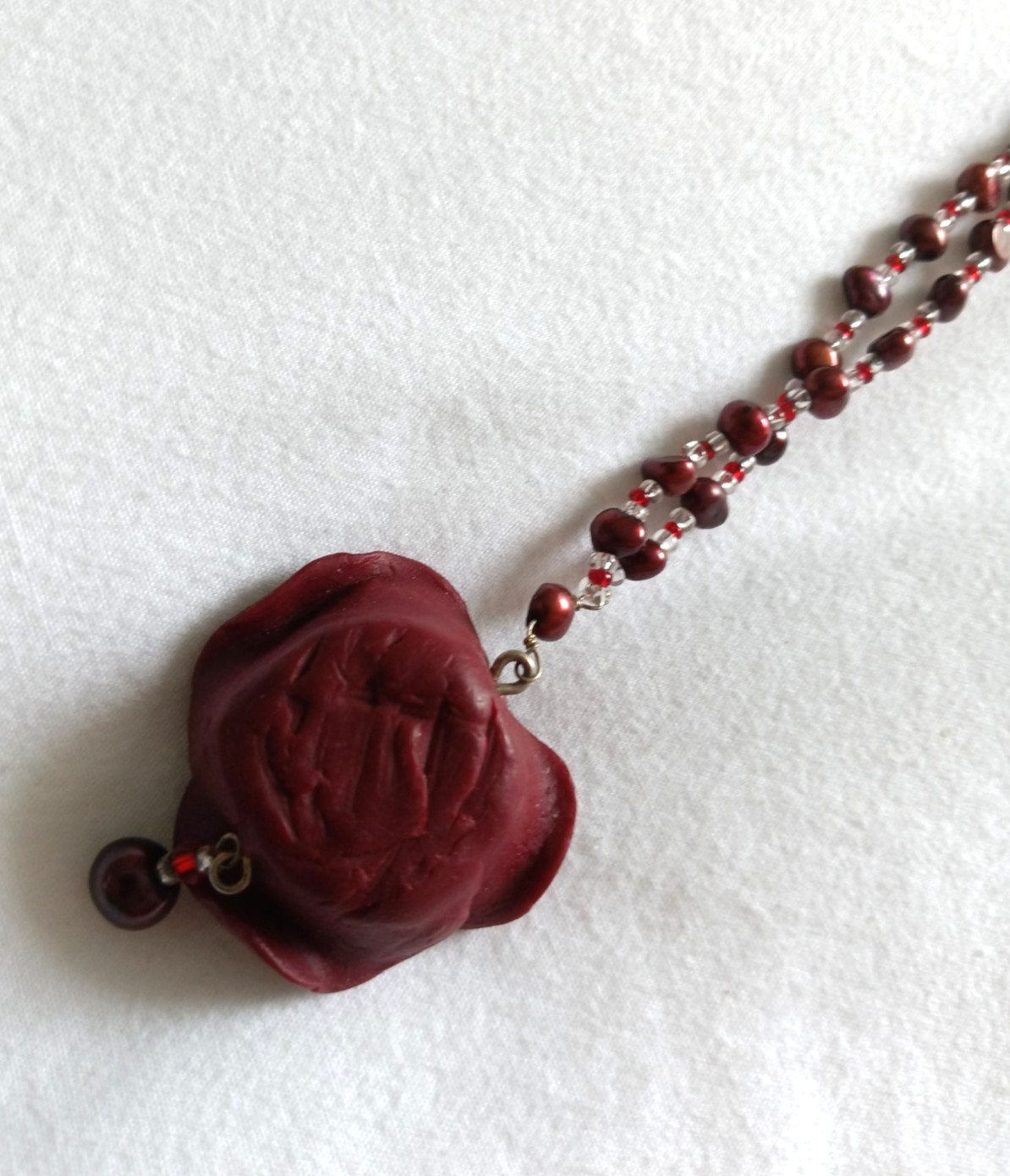 Handmade Red Rose Pendant Beaded Necklace Burgundy Romantic Gothic Boho 16″