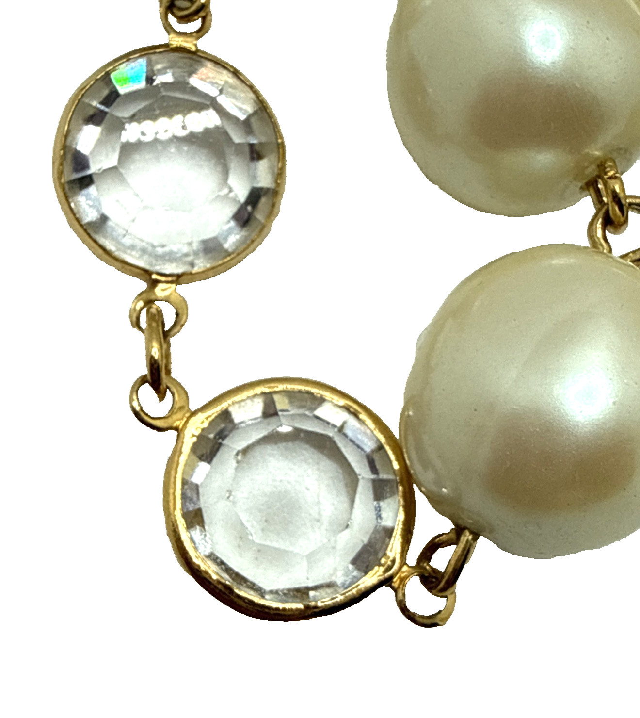 Vintage 80s GIVENCHY Bijoux Faux Baroque Pearl Clear Crystal Bezel Necklace 24″