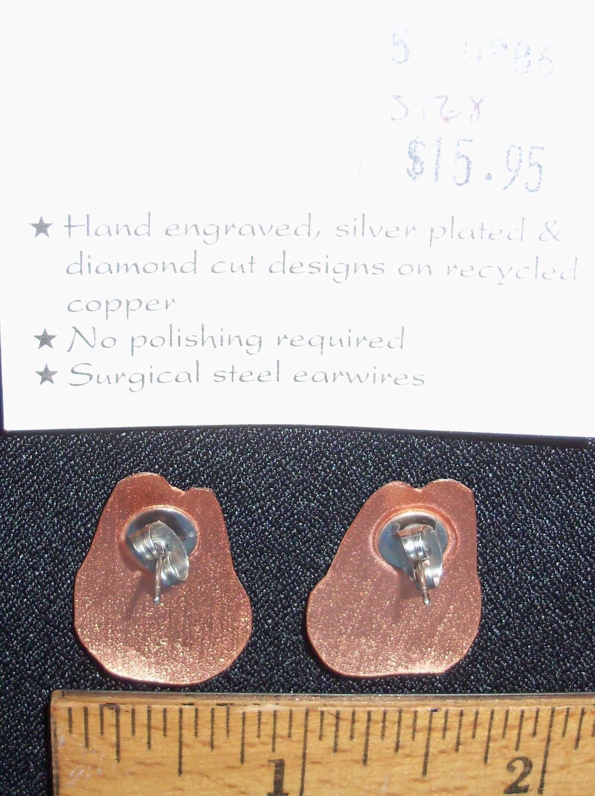 BUTTERFLY DESIGN-HAND ENGRAVED COPPER EARRINGS W/SILVER PLATE & BLACK ENAMEL