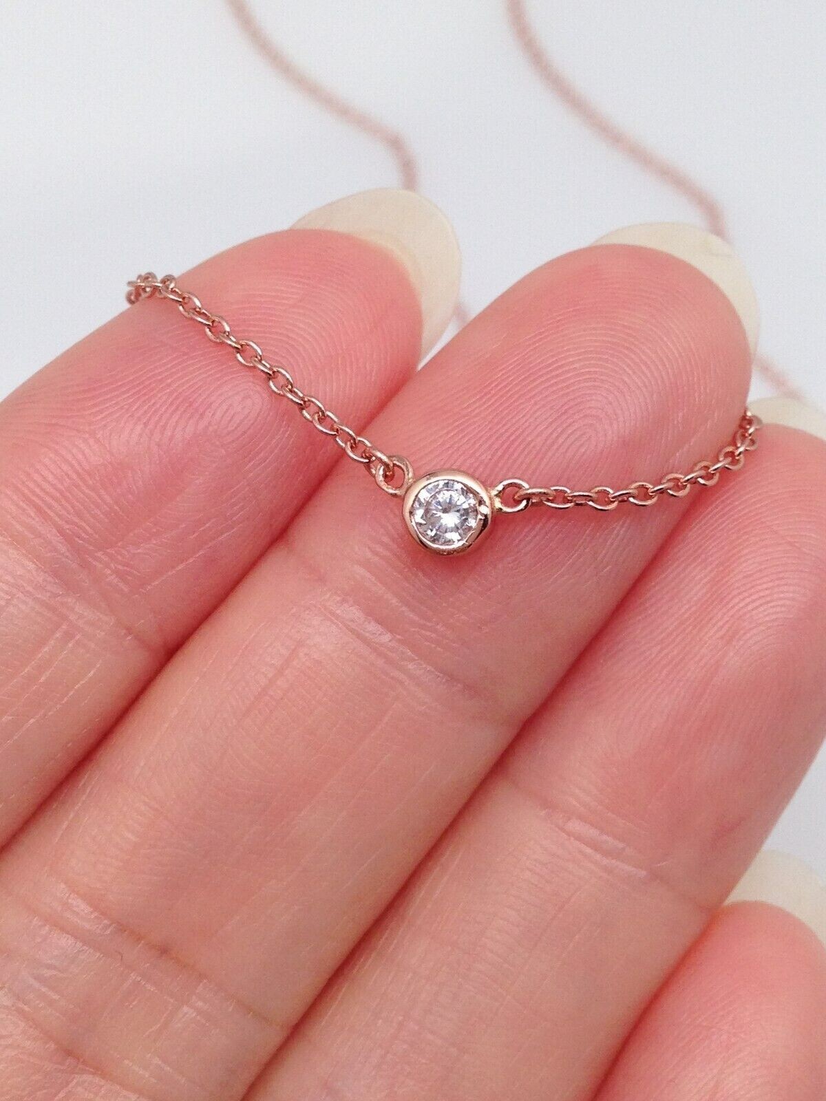 925 Sterling Silver CZ Round Bezel Solitaire Pendant Necklace Dainty 3mm 17.75″