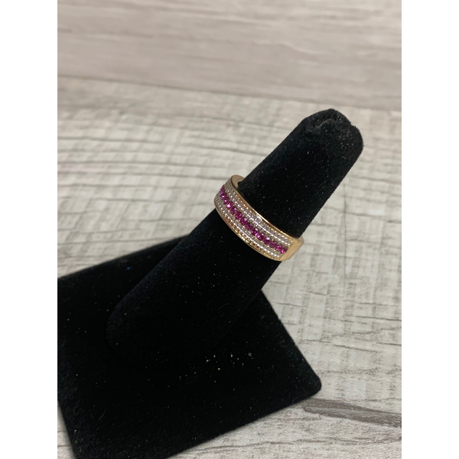 Gold Tone Pink and Clear Stone Triple Row Band Ring Size 6.25 Statement Jewelry
