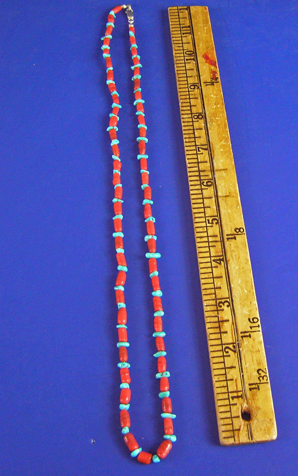 Simple Southwestern Tube Red Coral & Turquoise Beaded Necklace 25.5″ (TY)