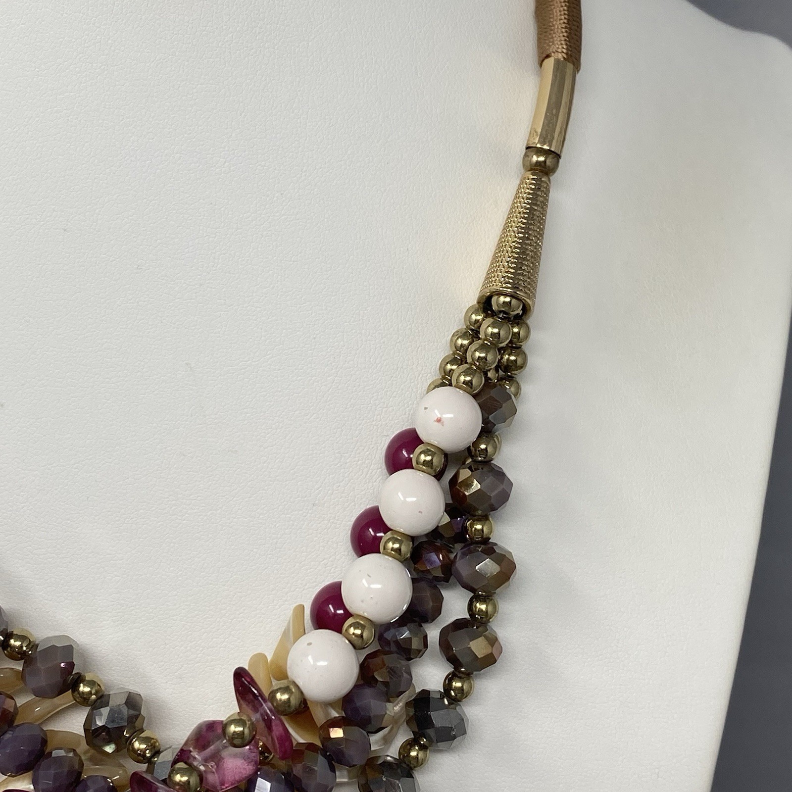 Chunky Statement Layered Necklace Mauve Purple Glass Shell Acrylic Gold Tone 21″