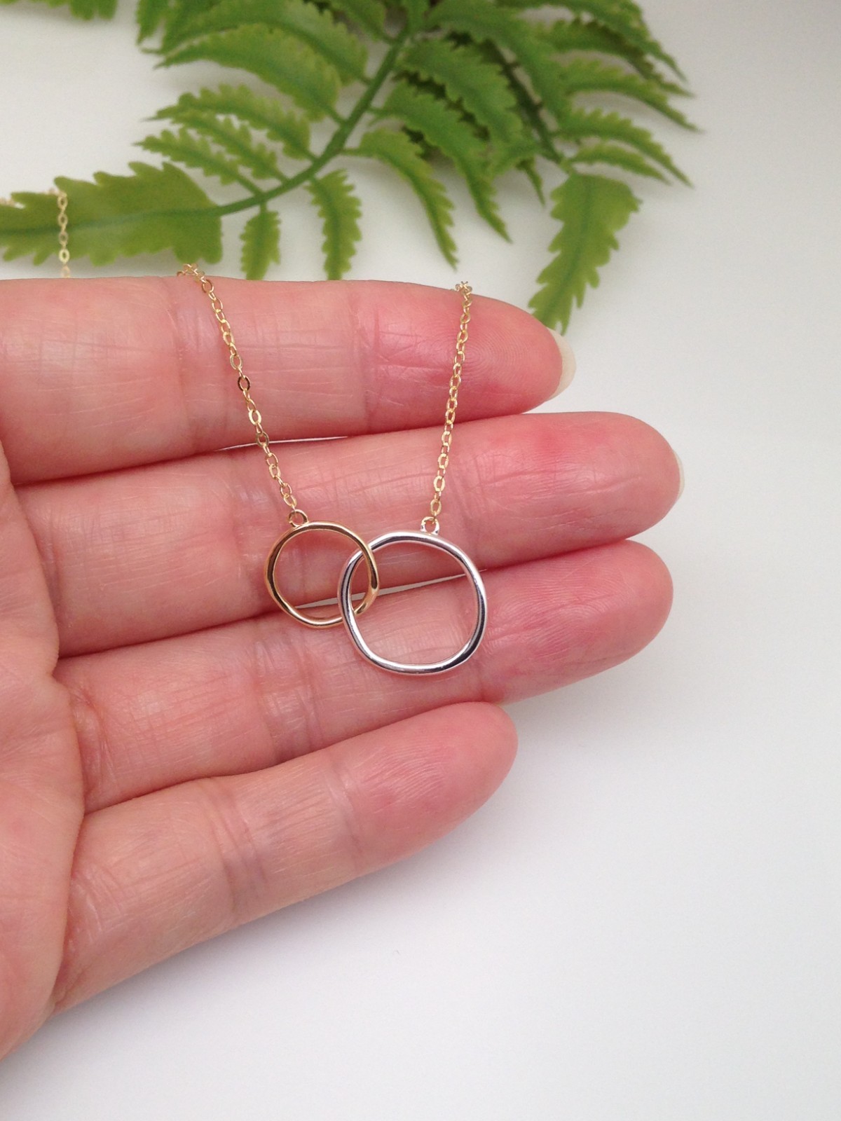 925 Sterling Silver Two Tone Circle Pendant Necklace Interlocked 10.8/14mm Women