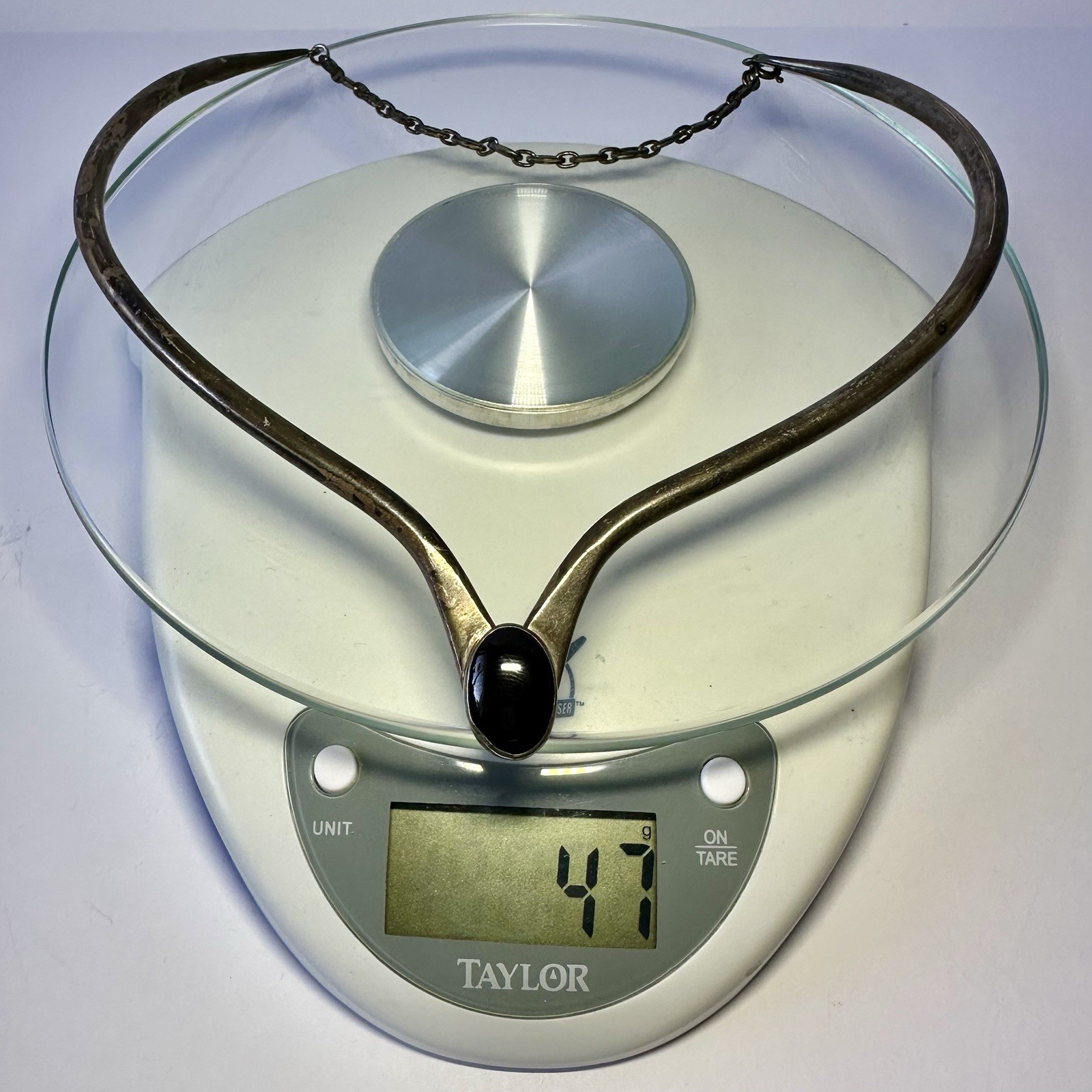 Vtg Sherman Isabelle Paquin S&IP Sterling Silver V Shape Torque Collar Oval Onyx