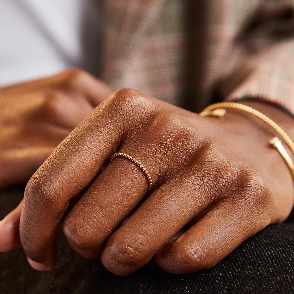 Gold Stackable Rings Thin Band Dainty Women Trendy Beaded Twist 14K Plated