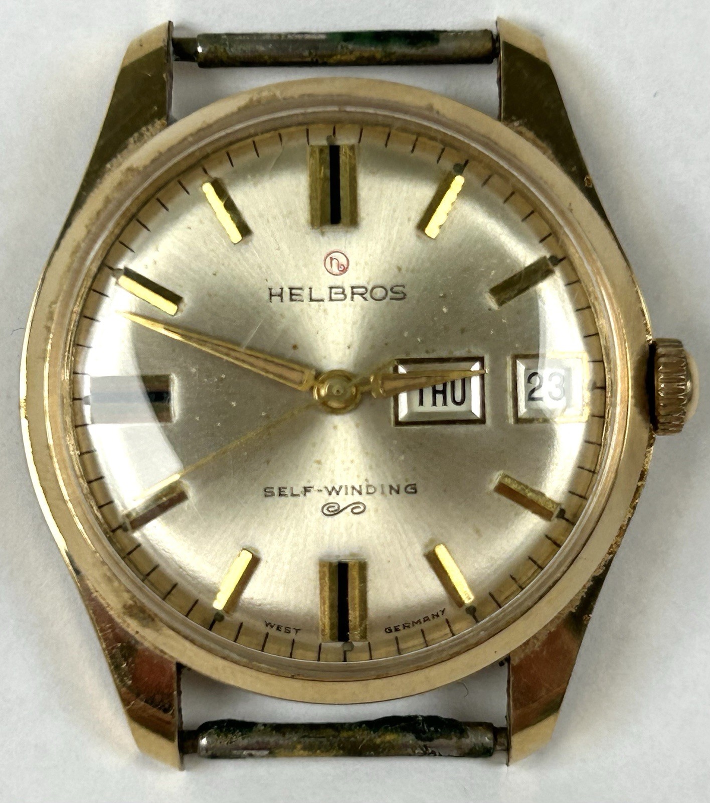 Vintage Helbros Self-Winding Watch Day Date West Germany 17 Jewels RUNNING