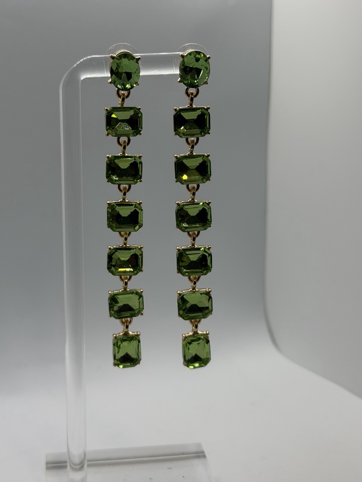 Green Crystal Rectangle Dangle Drop Earrings Gold Tone Prong Set 3.75 in