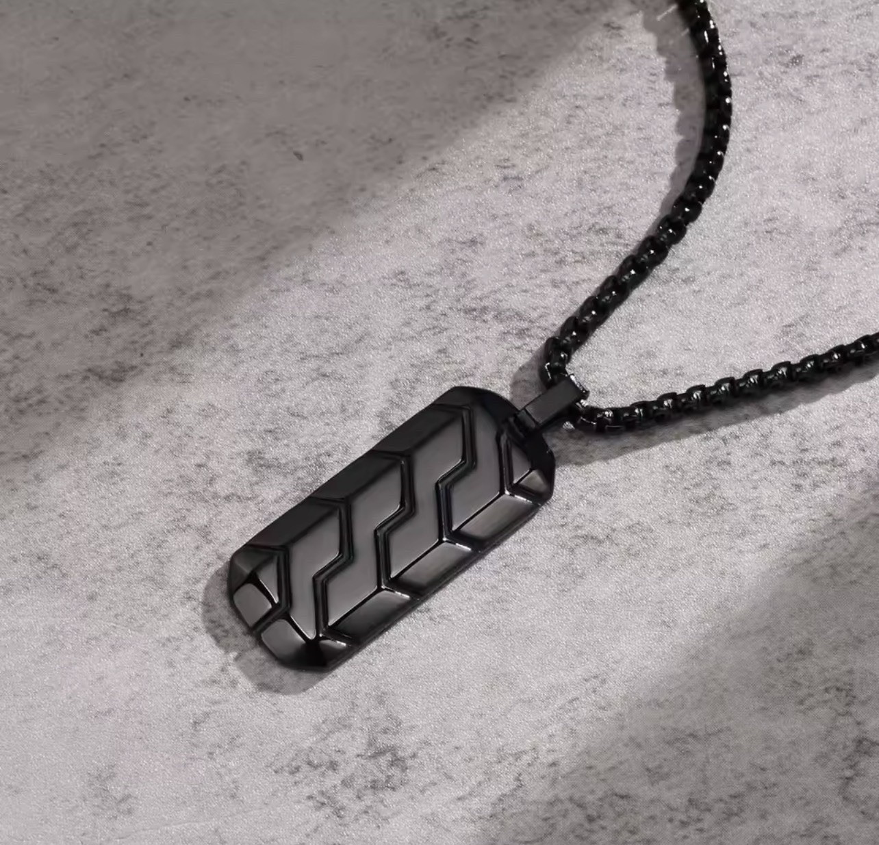 Men’s Black Stainless Steel Rectangle Bar Pendant Curb Link Chain Necklace, 60cm