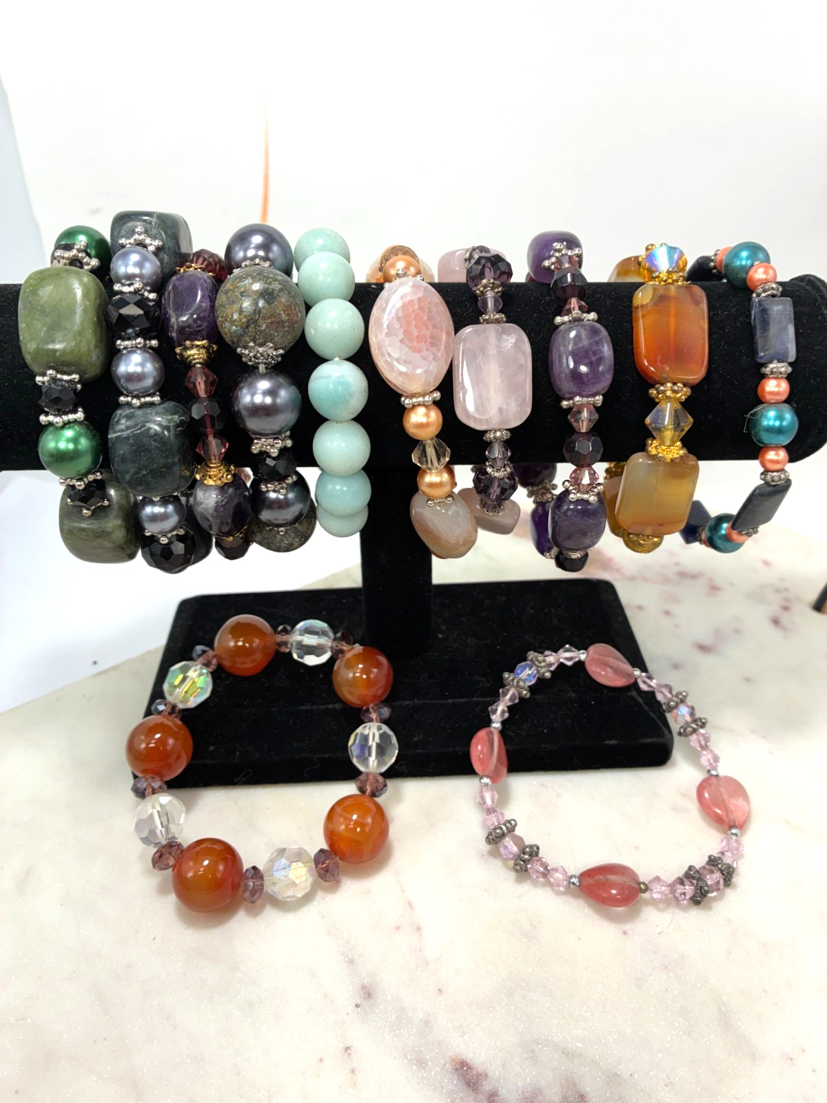 Lot of 10 Handmade Stone Stretch Bracelets Adult Gemstone Beaded Jewelry Set
