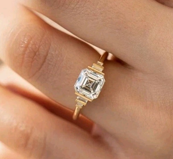 Asscher Cut Solitaire Ring Baguette Side Stones Yellow Gold Plated Bar Setting