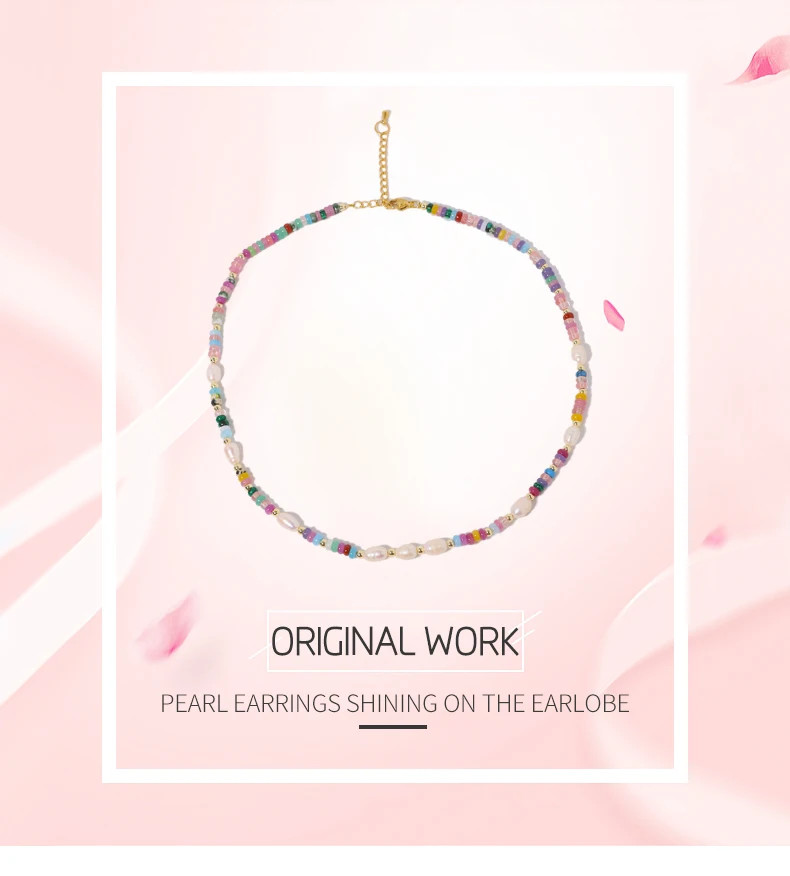 Colored Natural Stone Pearls Necklace Jewelry Women 18K Gold Plated Korean Desig