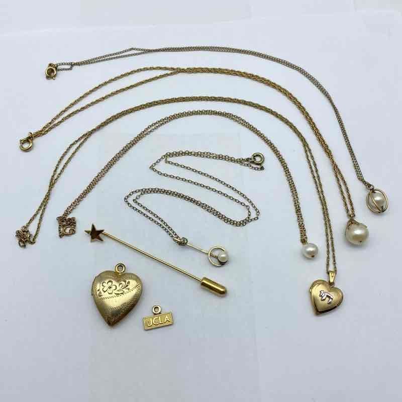Vintage 12K Gold Filled Pearl Necklace Heart Locket Stick Pin Lot 8 13.6g