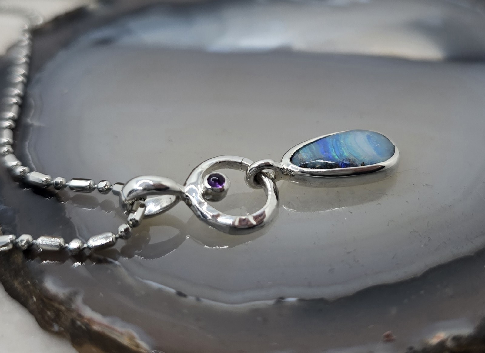 Modern Australian Made Solid Boulder Opal Silver 925 One Of A Kind Pendant