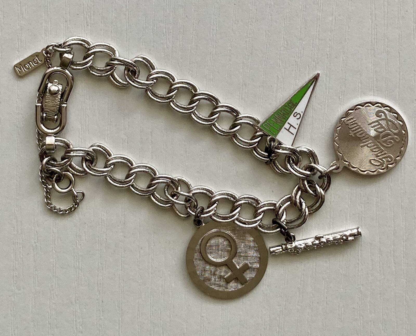 Vintage MONET Silver Tone Charm Bracelet With Charms 7” Safety Chain 8mm 20.73g